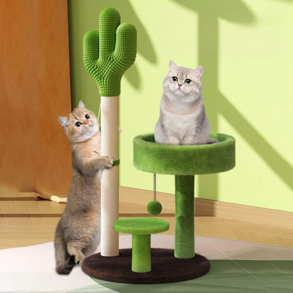 CactusCuddle Compact Cat Scratching Post with Cactus Design, Plush Perch, Sisal Column, and Hanging Toy - Indoor Cat Play Tower, Green