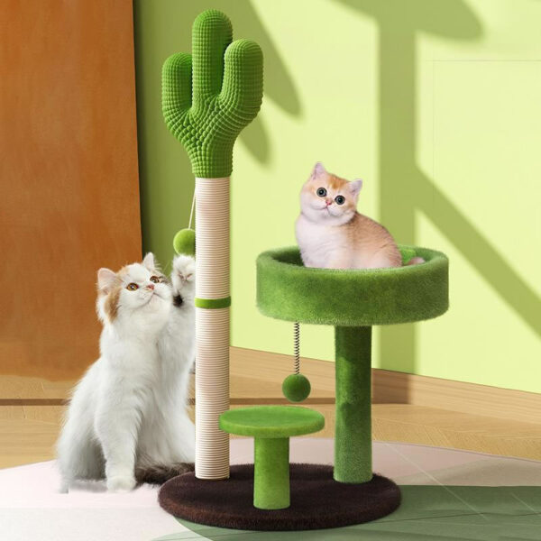 CactusCuddle Compact Cat Scratching Post with Cactus Design, Plush Perch, Sisal Column, and Hanging Toy - Indoor Cat Play Tower, Green