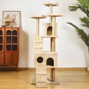 Tall beige kitty tower with scratching posts and platforms for cats