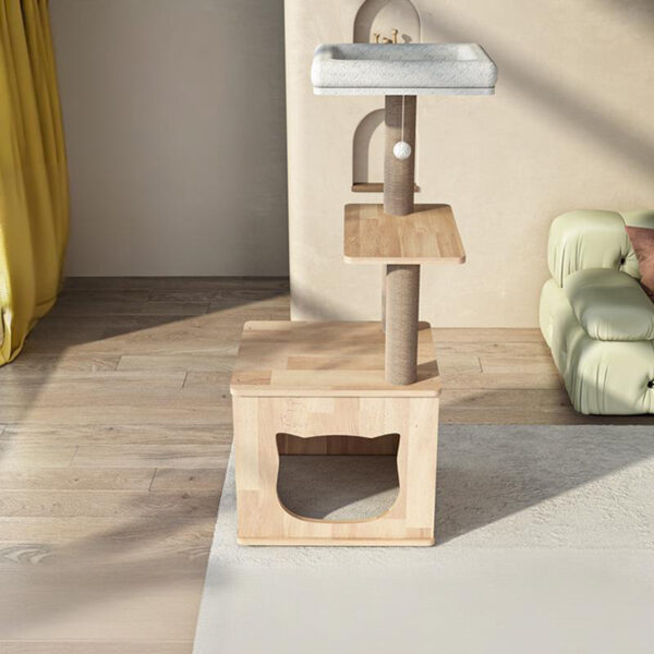 Stylish cat tower with scratching post, perch, and hideaway for indoor cats playing.