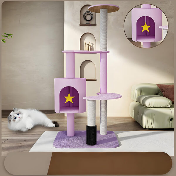 Modern pink cat tree tower with scratching posts and star decor for pets