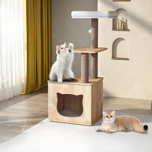 Stylish cat tower with scratching post, perch, and hideaway for indoor cats playing