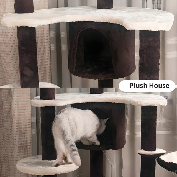 Multi-level cat tree for large cats with plush platforms and scratching posts