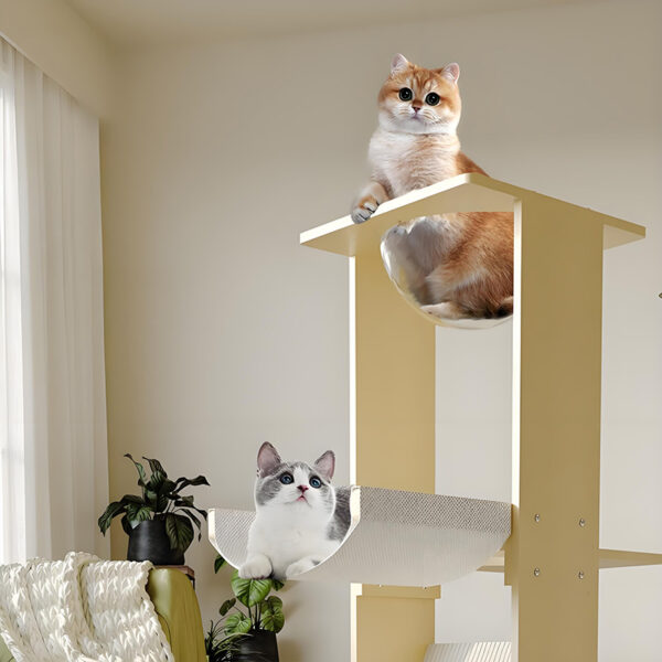 Modern wood cat tree with multi-level platforms for cats