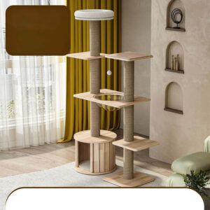 Modern beige cat tree tower with scratching posts, plush platforms, a hideaway, and a hanging toy ball in a stylish living room with yellow curtains and light wood flooring