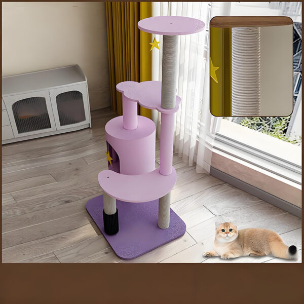 Modern pink cat tree tower with scratching posts and star decor for pets