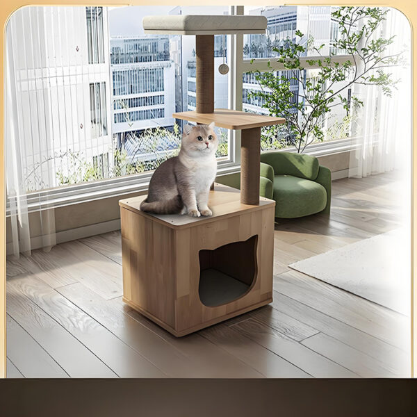 Image of a modern cat tower featuring a scratching post, perch, and cozy hideaway, ideal for indoor cats to play and rest.