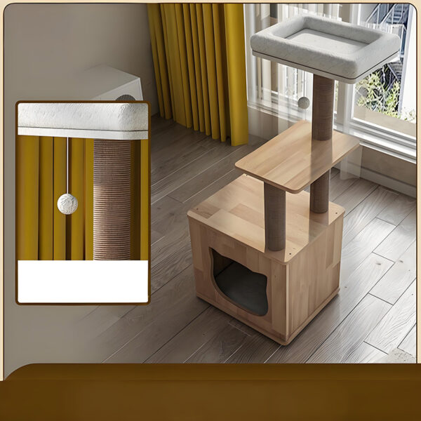 Stylish cat tower with scratching post, perch, and hideaway for indoor cats playing.