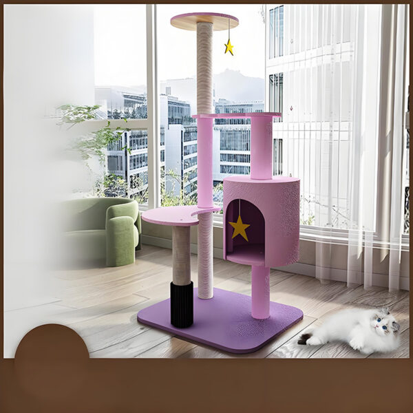 Modern pink cat tree tower with scratching posts and star decor for pets