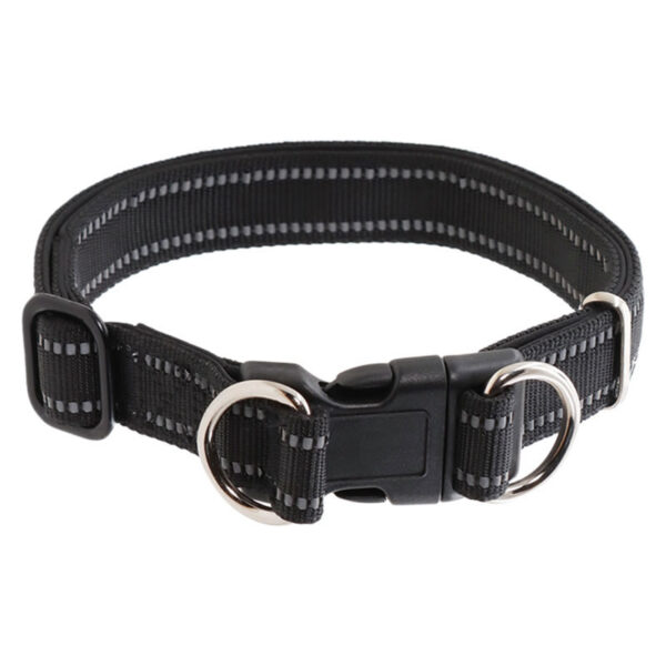 Reflective dog collar with quick-release plastic buckle and dual metal D-rings, featuring reflective stitching for high visibility, displayed on a white background