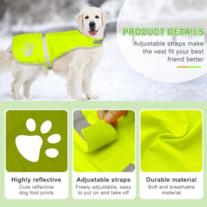 White dog wearing a bright yellow reflective dog vest with paw prints and adjustable straps in a snowy setting, with close-up images showing reflective paw prints, adjustable straps, and durable material.