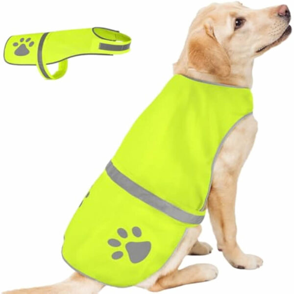 White dog wearing a bright yellow reflective dog vest with paw prints and adjustable straps in a snowy setting, with close-up images showing reflective paw prints, adjustable straps, and durable material.