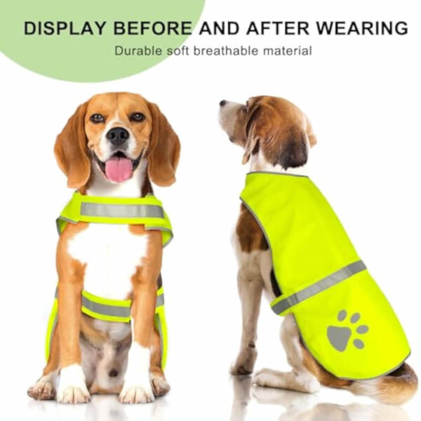 White dog wearing a bright yellow reflective dog vest with paw prints and adjustable straps in a snowy setting, with close-up images showing reflective paw prints, adjustable straps, and durable material.