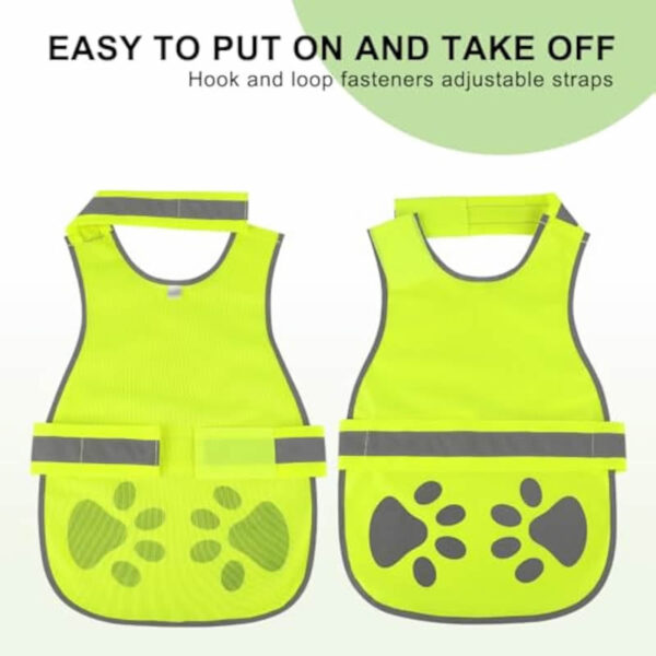 White dog wearing a bright yellow reflective dog vest with paw prints and adjustable straps in a snowy setting, with close-up images showing reflective paw prints, adjustable straps, and durable material.