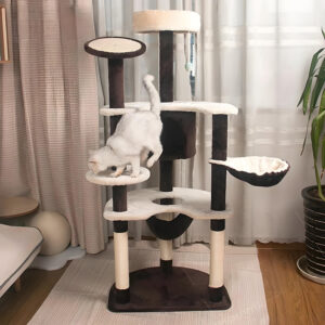 Multi-level cat tree for large cats with plush platforms and scratching posts