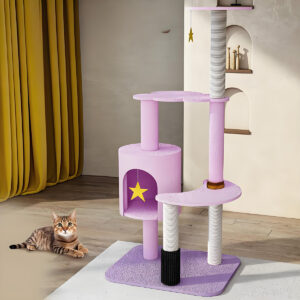 Modern pink cat tree tower with scratching posts and star decor for pets