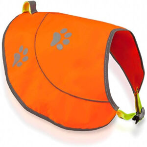 Orange reflective dog vest with paw prints, made from waterproof 300D Oxford fabric, featuring adjustable straps and a D-ring, worn by a dog against a white background