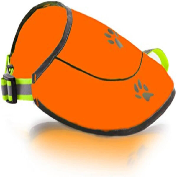 Orange reflective dog vest with paw prints, made from waterproof 300D Oxford fabric, featuring adjustable straps and a D-ring, worn by a dog against a white background