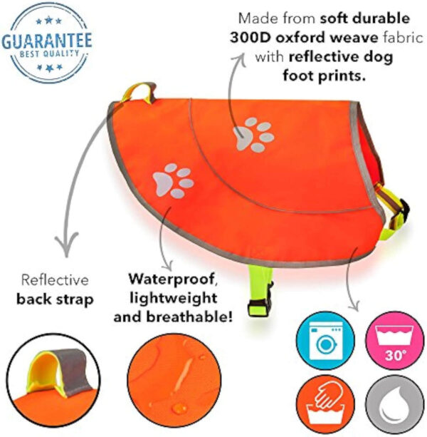 Orange reflective dog vest with paw prints, made from waterproof 300D Oxford fabric, featuring adjustable straps and a D-ring, worn by a dog against a white background