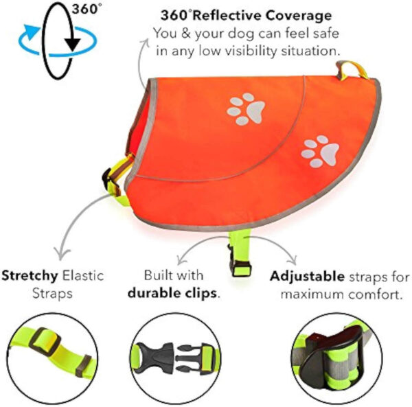 Orange reflective dog vest with paw prints, made from waterproof 300D Oxford fabric, featuring adjustable straps and a D-ring, worn by a dog against a white background