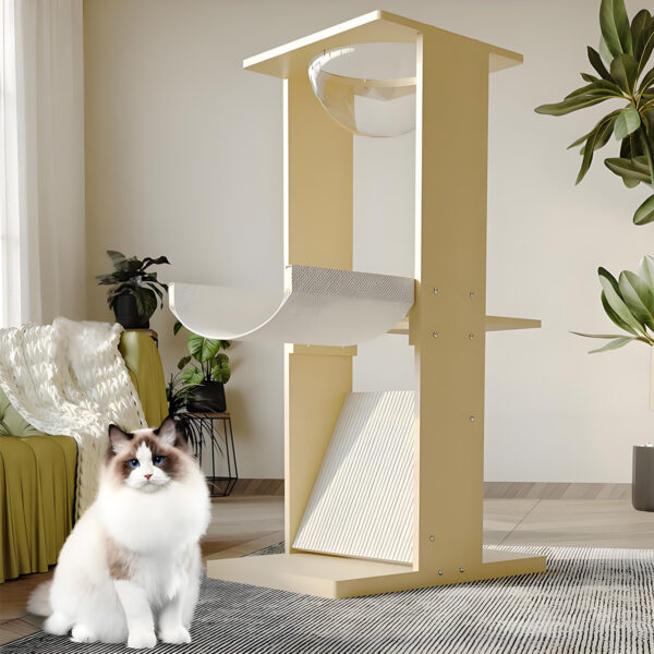 Modern wood cat tree with multi-level platforms for cats